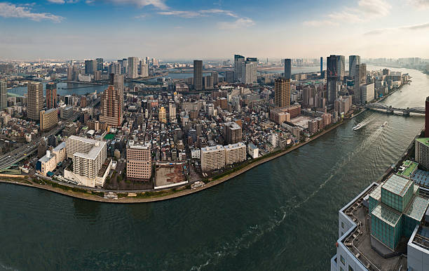 Photo of Tokyo aerial vista Sumida Gawa harbor islands cityscape panorma Japan