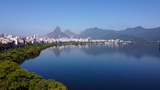 Aerial image of the rodrigo de freitas lagoon in Rio de Janeiro, Brazil.