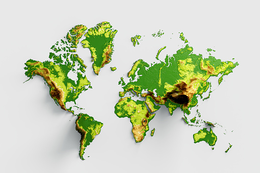 3d World Map Shaded Relief Hypsometric Map Isolated On White Background, 3d illustration\nSource Map Data: tangrams.github.io/heightmapper/,\nSoftware Cinema 4d