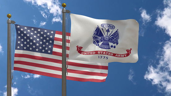 USA Flag with United States Army Flag on a Pole, 3D Render