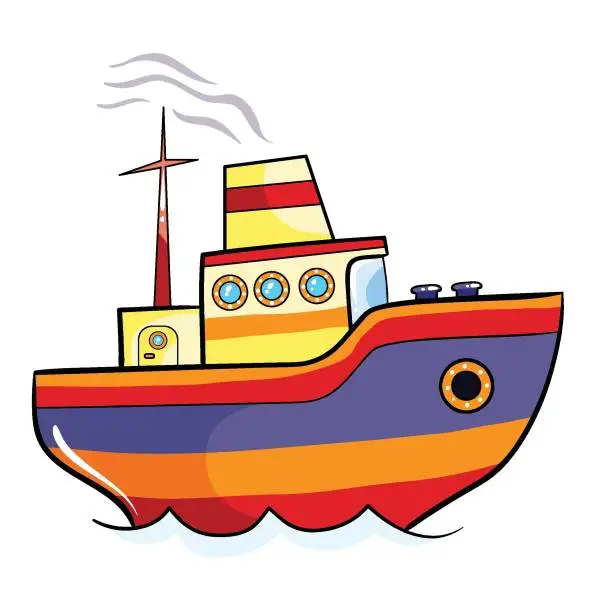 Vector illustration of multi-colored children's steamer from the chimney of which smoke comes, cartoon illustration, isolated object on a white background, vector,