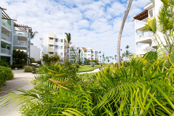 patio trasero con jardín tropical en la típica residencia caribeña moderna - tourist resort apartment swimming pool caribbean fotografías e imágenes de stock