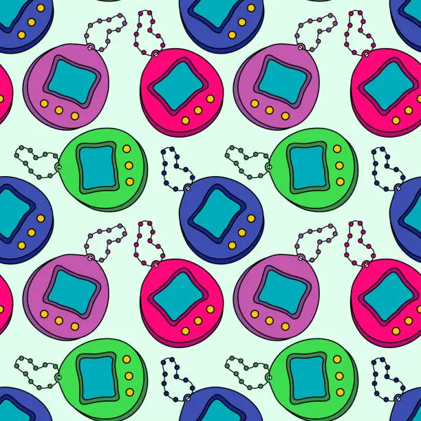 Vector illustration of Retro seamless pattern set with colorful tamagotchi. Cute background vintage elements. 90s video games symbol design