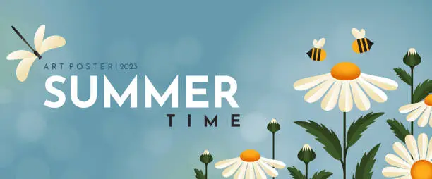 Vector illustration of Summer time. Banner with daisies