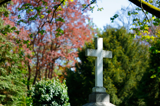 White christian stone cross in a cemetery in spring