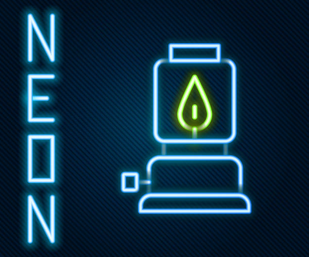 istock Glowing neon line Camping lantern icon isolated on black background. Happy Halloween party. Colorful outline concept. Vector 1486586291