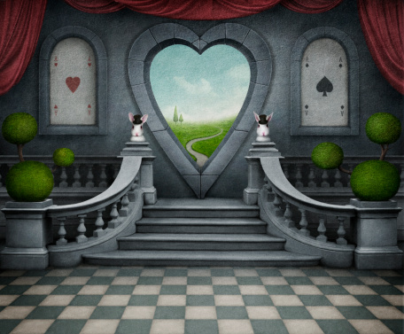 Background room with  door in shape of heart. Computer Graphics.