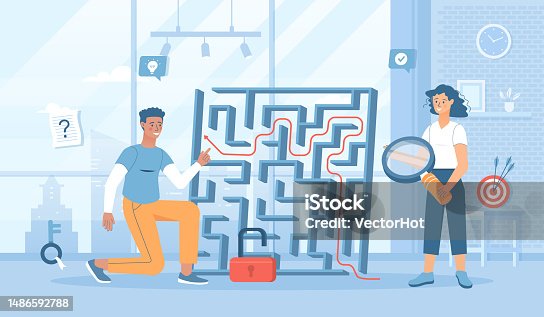 istock Finding solutions to business problems. Business thinking, strategic decision making. People thinks and looks for way out of labyrinth. Flat cartoon vector illustration with people characters 1486592788