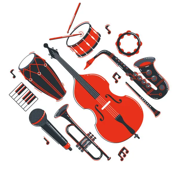 Vector illustration of Jazz music band concept different instruments vector flat illustration isolated on white background, live sound festival or concert, musician different instruments set.