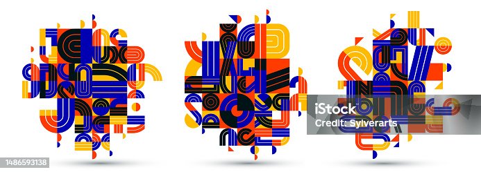 istock Abstract modern vector trendy designs set, geometric shapes stylish composition, modular pattern artistic illustrations, typography letters elements used. 1486593138