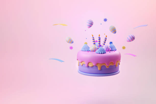 istock Flying birthday cake and anniversary with cute  egg 3d illustration 1486595230
