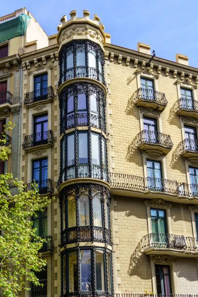 istock A stunning, low angle view of a modernist building in Barcelonas residential district showcases its striking facade and windows against the sky. 1486599100