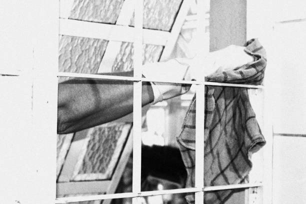 istock Person Cleaning Grids Using Gloves and a Rag. Monochromatic Black and White Tones 1486599725