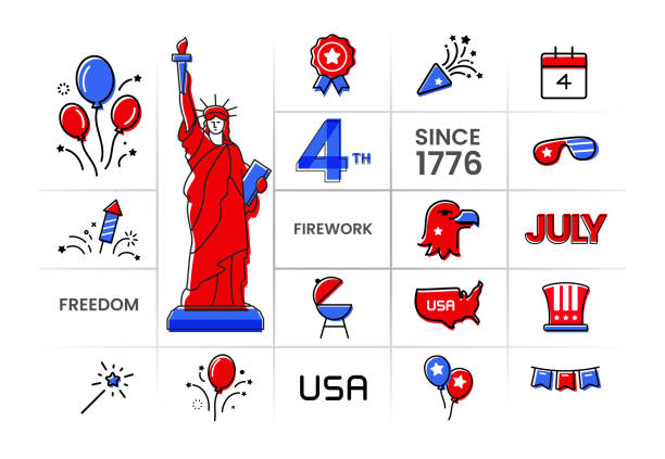 illustrations, cliparts, dessins animés et icônes de modèle de bannière moderne du jour de l’indépendance du 4 juillet avec un ensemble d’icônes modernes d’éléments usa. illustration vectorielle. - statue of liberty liberty statue firework display