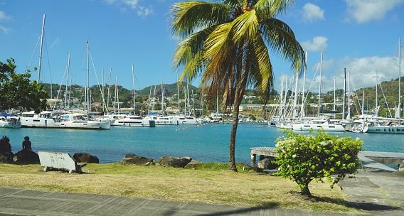 Marina with sailboats and fishing boats on the Caribbean Island of Grenada