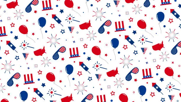 Vector illustration of Happy 4th of July independence day seamless pattern with American icon elements. Vector illustration.