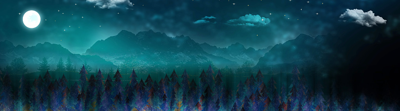3d night landscape modern art mural wallpaper. Forest, dark blue background with colorful Christmas trees, mountains, moon. Chinese artwork for wall decorative art