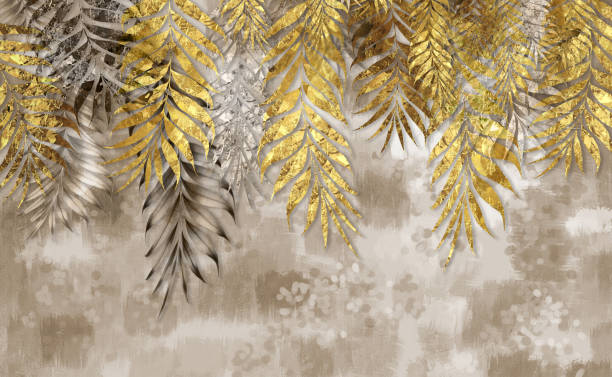 istock 3d classic wallpaper. golden branches tree leaves in drawing mural background for bedroom decor 1486606558