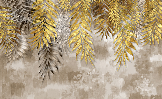 3d classic wallpaper. golden branches tree leaves in drawing mural background for bedroom decoration