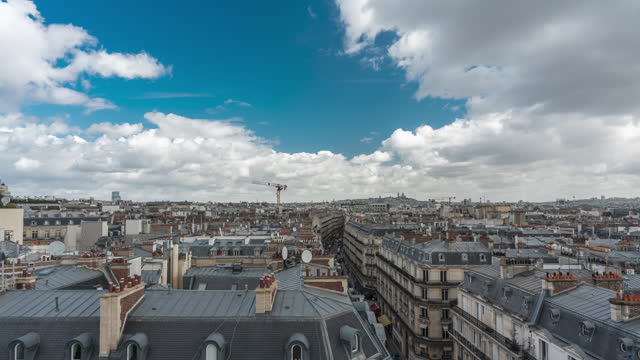 Paris rooftops, moving clouds,  Sacre Coeur Basilica on the hill,  time lapse, France