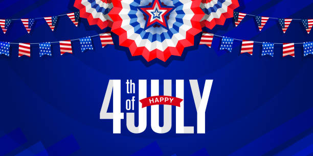 istock 4th of July American Independence Day. Red, blue background with paper decorations. Flat lay, top view, copy space, banner. 1486607894
