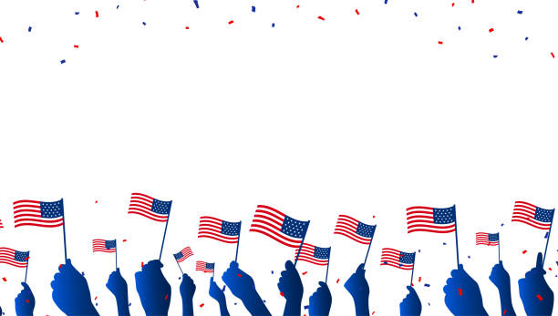 istock Vector illustration of patriotic human hands Holding Up American Flags with confetti. Poster, banner, greeting card template. 1486609705