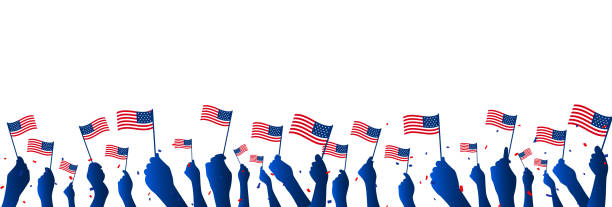 istock Vector illustration of patriotic human hands Holding Up American Flags. Poster, banner, greeting card template. 1486609716