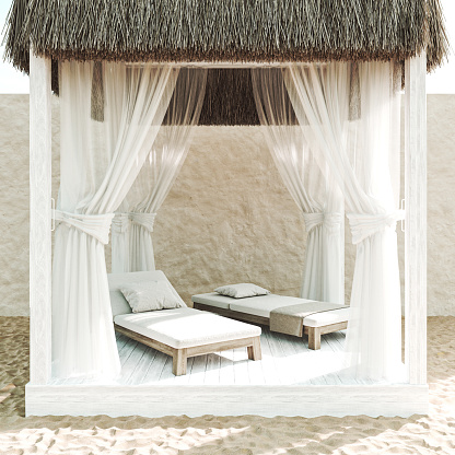 Large african bungalow with white curtains, wood and thatched roof on the sand. Summer holiday hotel resort. 3d rendering. High quality 3d illustration.