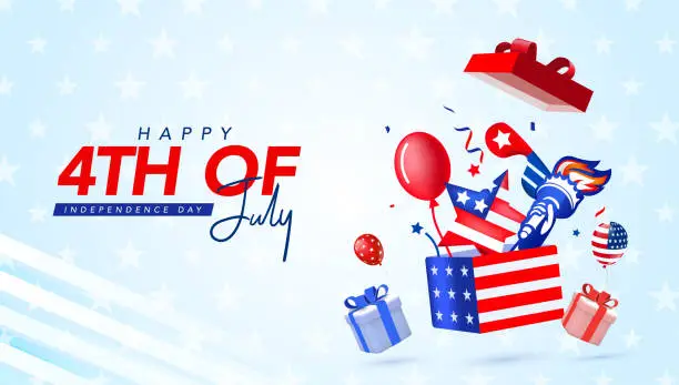 Vector illustration of Independence Day USA sale promotion advertising banner template American flag decor with box, balloon, goggles, gifts. 4th of July celebration poster template. Voucher discount.Vector illustration.