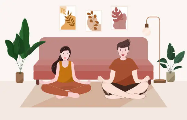 Vector illustration of Couple activity, Happy couple  practice yoga with lotus position in living room.Couple lifestyle indoor concept.