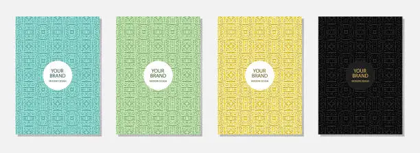 Vector illustration of Cover set, ethnic vertical templates. Collection of relief geometric backgrounds with 3D pattern. Original tribal motifs of East, Asia, India, Mexico, Aztecs. Vintage pastel colors.