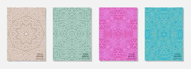 Vector illustration of Cover set, ethnic vertical templates. Collection of relief geometric backgrounds with 3D pattern. Artistic tribal motifs of the East, Asia, India, Mexico, Aztecs. Vintage pastel colors.