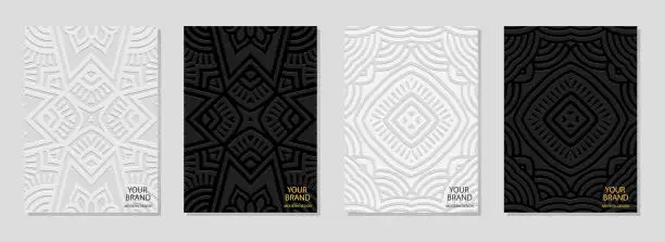 Vector illustration of Cover set, ethnic vertical templates. Collection of relief geometric backgrounds with 3D pattern. Tribal motifs of the East, Asia, India, Mexico, Aztecs. Vintage black, white tones.