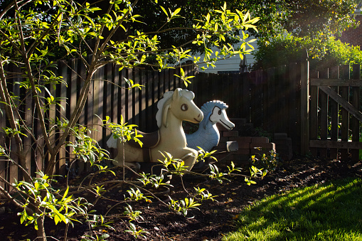 Spring playground horses along a backyard fence
