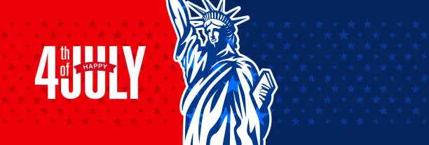 Vector illustration of Modern 4th of July united states of america independence day celebration banner with Statue of Liberty and copy space for text. Vector illustration.