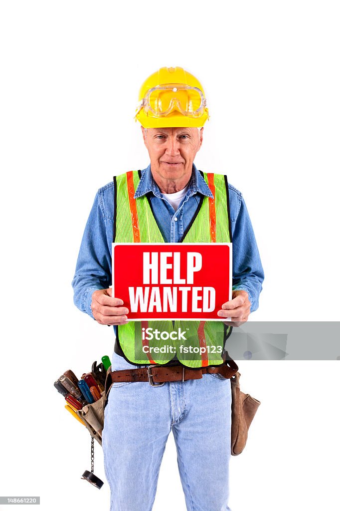 Isolado Trabalhador da Construção Civil segurando Help Wanted - Royalty-free Adulto Foto de stock