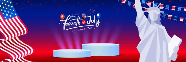 Vector illustration of Modern united states of America 4th of July sale, discount, product display, 3d cylindrical shape banner template with bunting and usa waving flag decoration. Blank, empty, copy space, vector design.