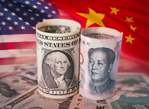 US dollar and Chinese yuan (Renminbi) banknotes represents economy of these states