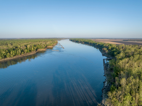 spring sunrise over the Missouri River at Dalton Bottoms - aerial view