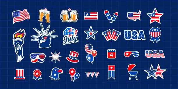 Vector illustration of Big set of vector American stickers. Elements of united states. The collection includes usa flag, 4th July, star, barbecue, balloons, fireworks, etc. Icon, sign, symbol, label vector illustration.