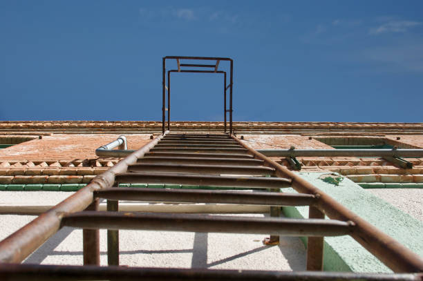 Looking up the fire escape ladder from the alley