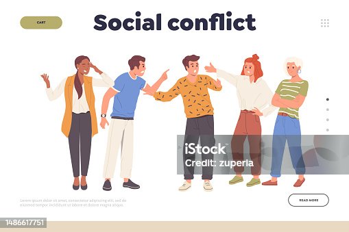 istock Social conflict landing page with angry group of people character quarrelling having confrontation 1486617751