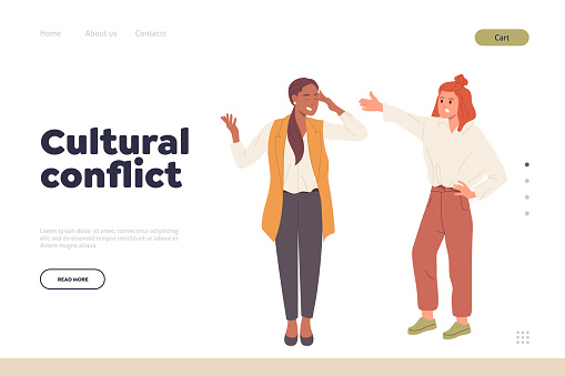 Cultural conflict concept for landing page. Flat cartoon angry multiracial women characters quarrelling and shouting vector illustration. Troubled people relationships and abuse due to different race