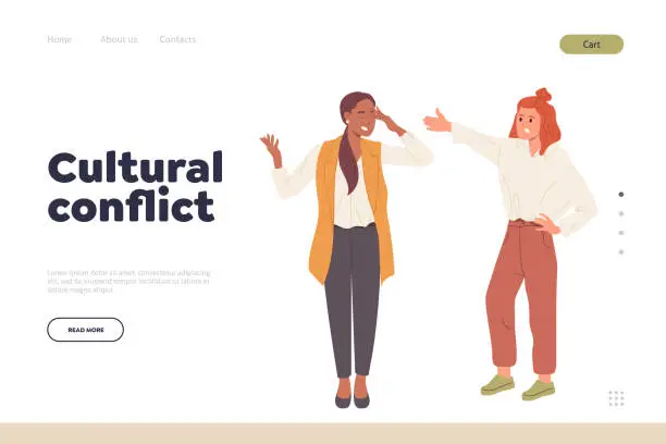 Vector illustration of Cultural conflict concept for landing page with angry multiracial women quarrelling and shouting