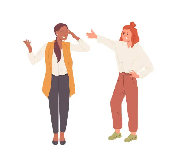 Vector illustration of Two tired stressed woman characters yelling, shouting and fight gesturing with bad emotions