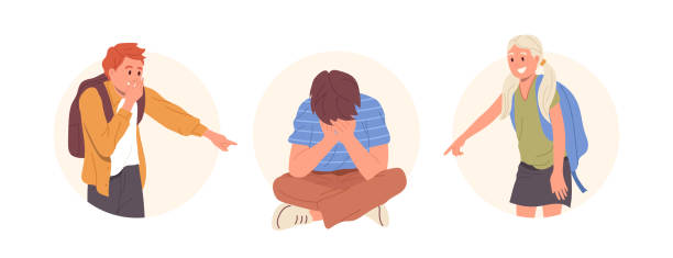 ilustraciones, imágenes clip art, dibujos animados e iconos de stock de composición de iconos redondos con niños acosadores y niños que sufren humillación violenta - acoso-escolar