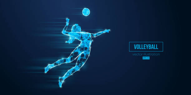 ilustrações, clipart, desenhos animados e ícones de silhueta abstrata wireframe de um jogador de vôlei de triângulos e partículas em fundo azul. mulher jogadora de vôlei bate na bola. ilustração vetorial - volleyball volleying women female