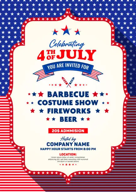 Vector illustration of 4th of july invitation, poster, banner, flyer, banner template with list of sample evening show lists. Decoration with usa star, pattern, firework, etc. Vector A4 design.