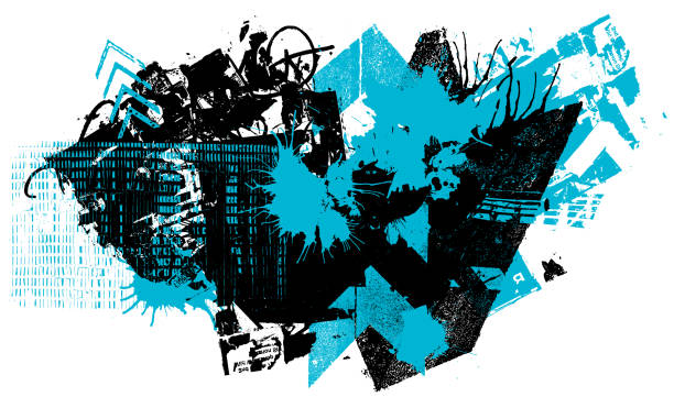 현대 검정색과 파란색 그런지 텍스처 및 패턴 벡터 - modern art abstract painting graffiti stock illustrations