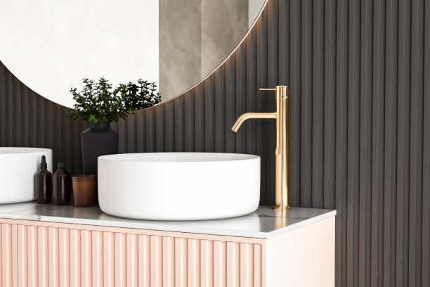 istock Chic bathroom setup with soap dispensers, plant, black-framed mirror, double sink, and black wall. Ideal for showcasing your products in a stylish and modern setting. 3d rendering 1486626439